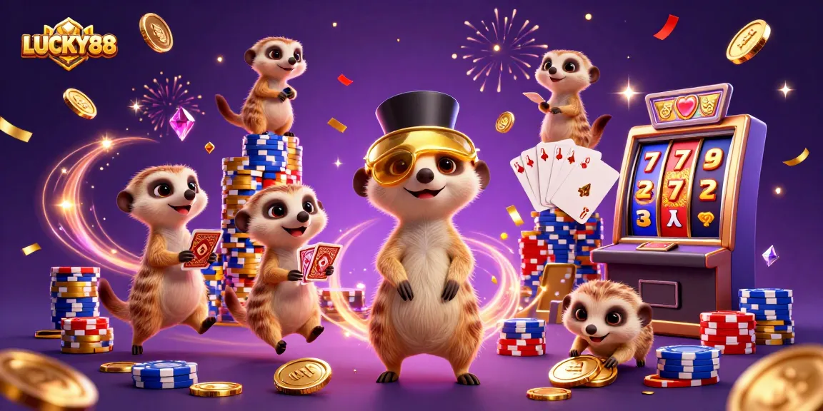 Experience the excitement of LUCKY88 with meerkats running a dynamic casino scene filled with games and chips.