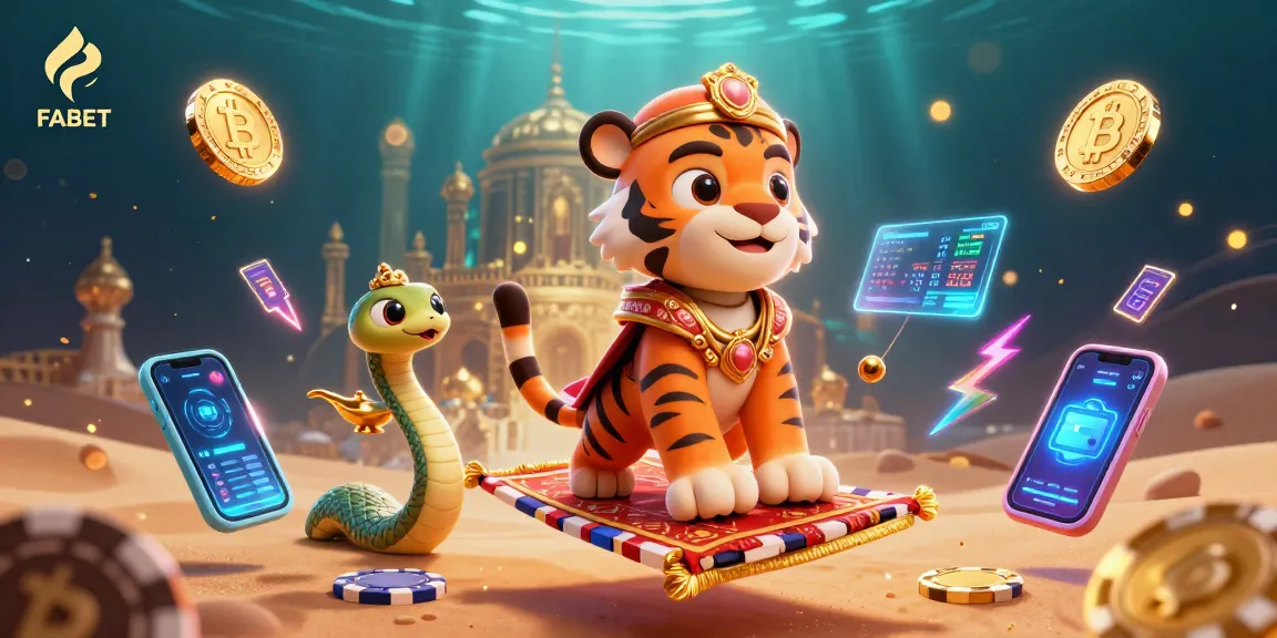 Experience FABET's thrilling gaming adventure with a vibrant 3D illustration of a tiger sultan and crypto elements.