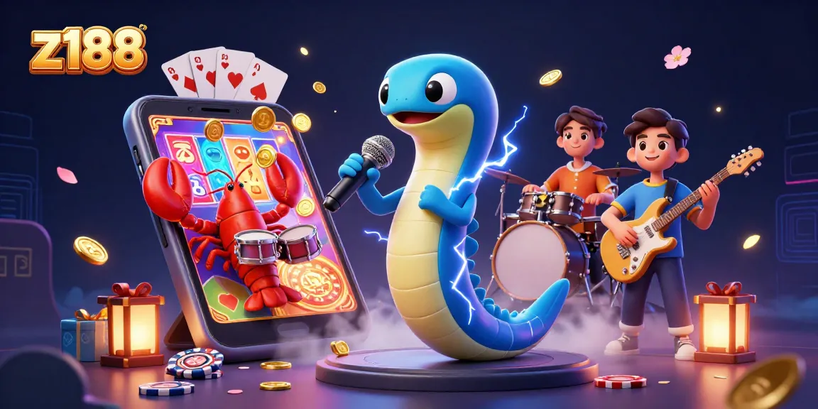 Experience z188 with an electric eel DJ at an underwater casino, surrounded by vibrant slot games and casino elements.