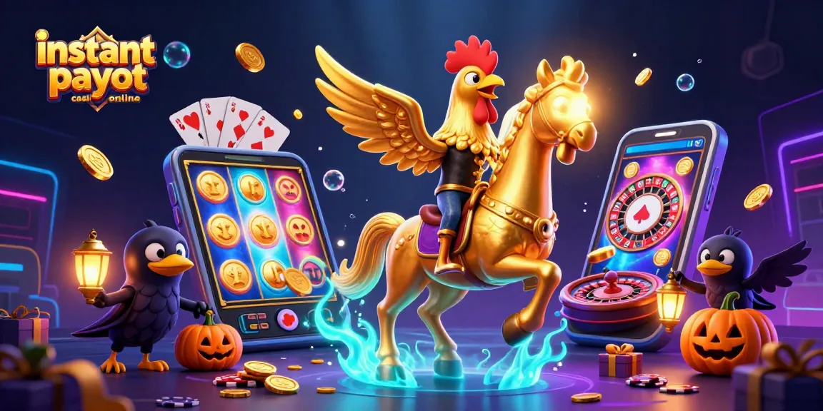 Experience instant payout casino online with dynamic 3D casino illustration featuring golden rooster and casino elements.