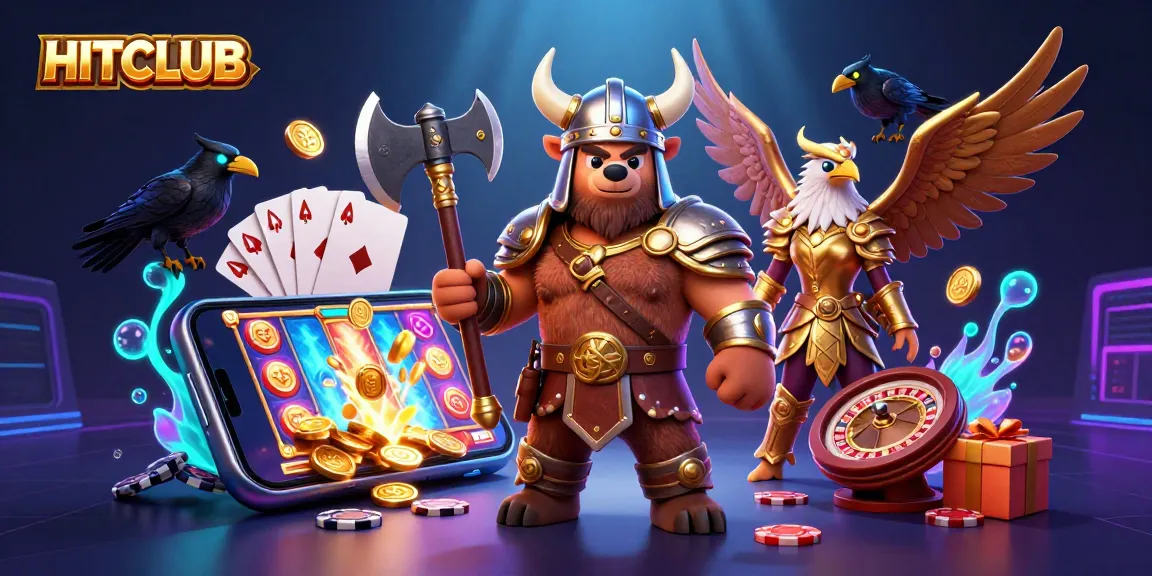 Engage with HITCLUB's vibrant casino scene featuring a Viking bear, Valkyrie eagle, and thrilling game elements.