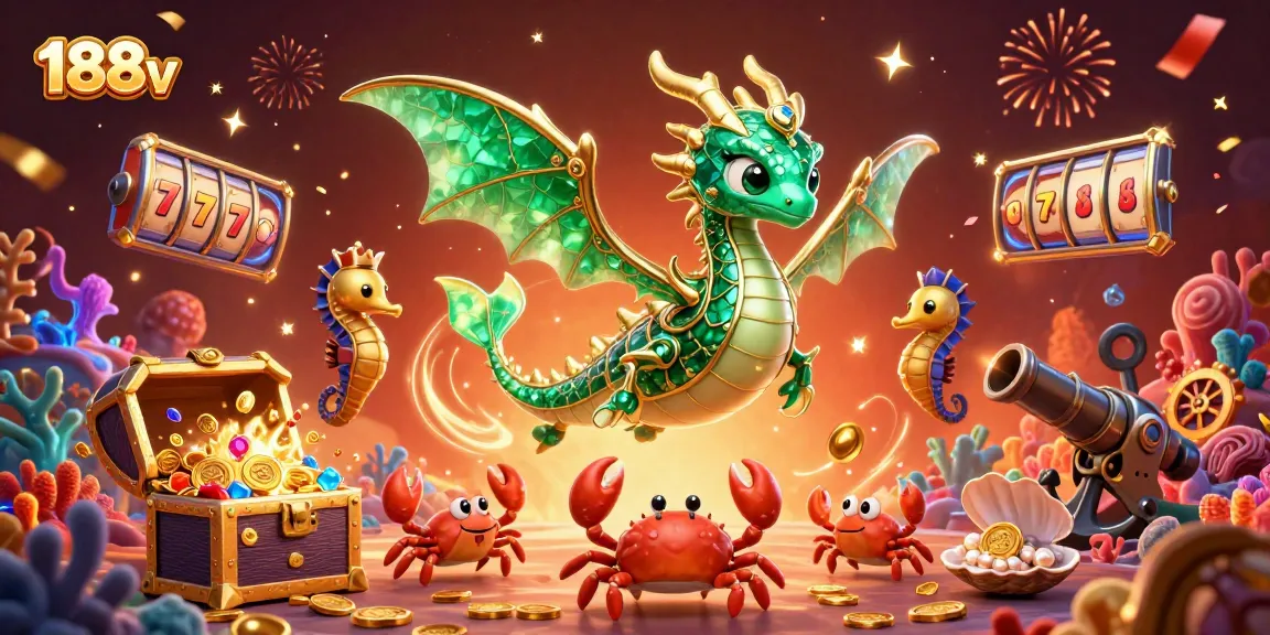 Engage in thrilling gaming at 188v, featuring vibrant 3D sea dragon and dynamic slot elements.