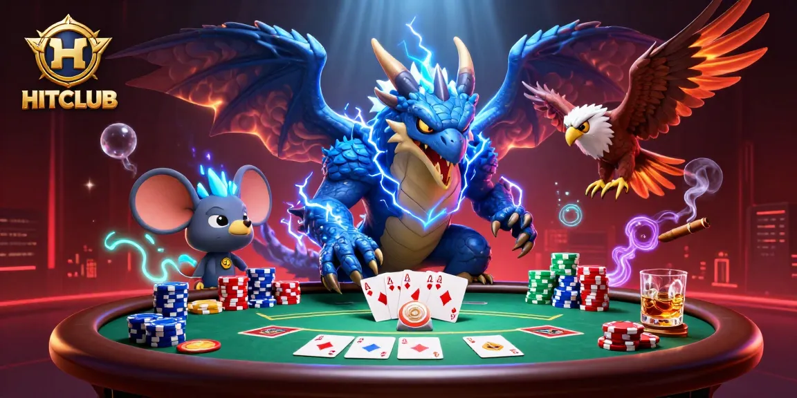 Experience thrilling poker action with HITCLUB in an energetic fantasy illustration.