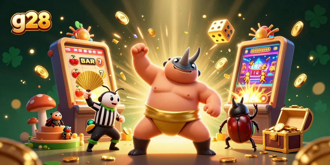 g28 brings excitement with a cartoon beetle gambling scene, featuring a jackpot explosion of coins and casino games