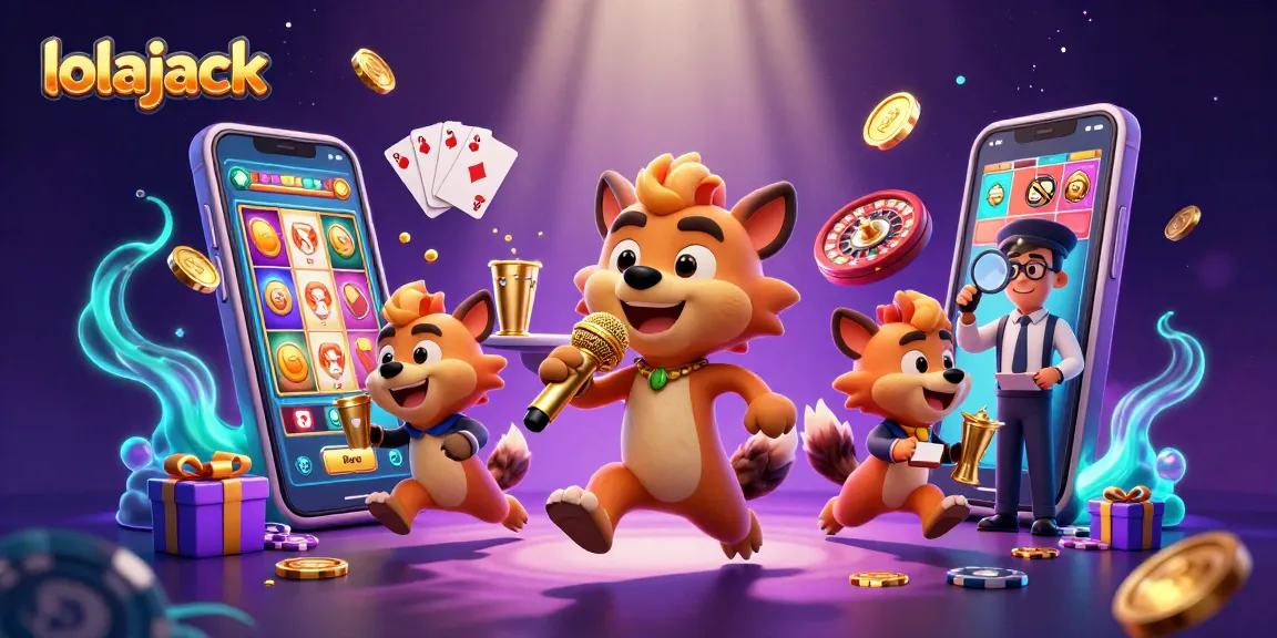 Dive into a vibrant comedy casino scene with lolajack, featuring hyenas and festive gaming elements.