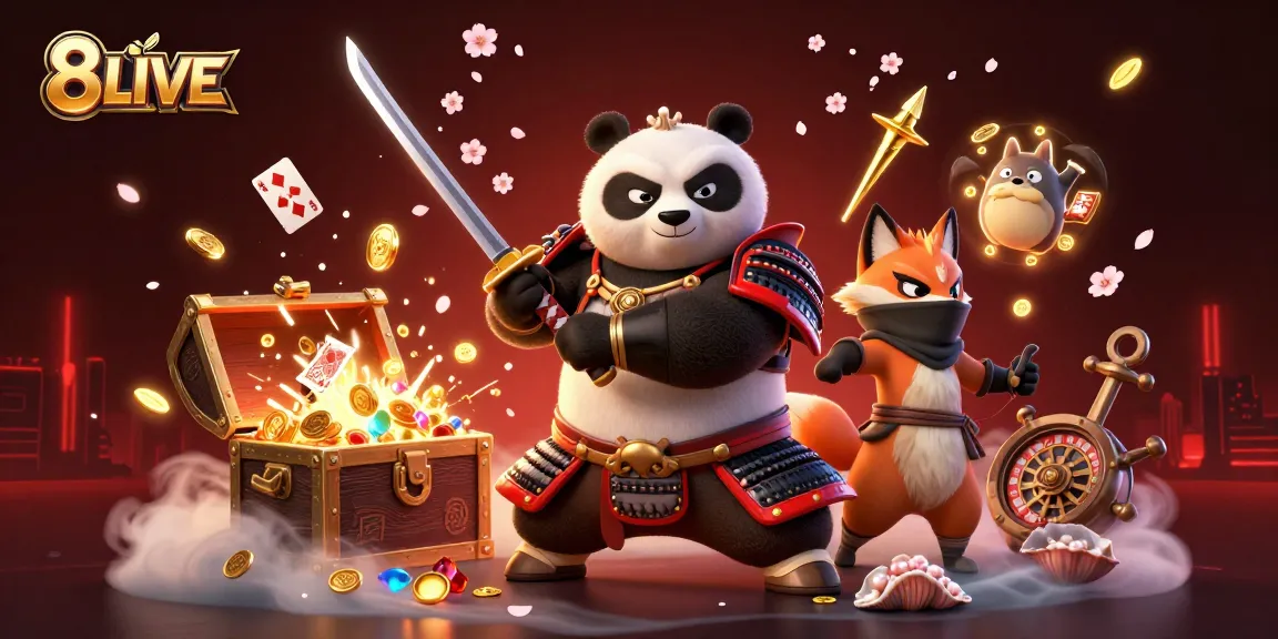 Engage with 8LIVE's thrilling world, showcasing samurai panda and ninja fox amidst vibrant casino elements.