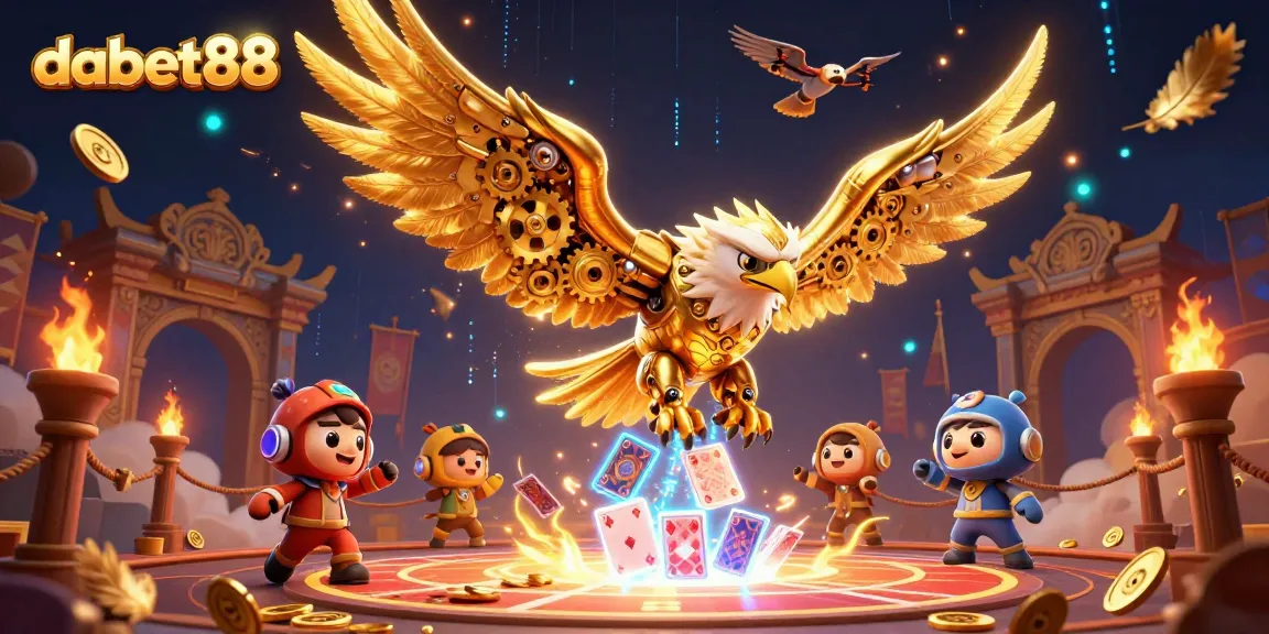 Dive into dabet88's vibrant gaming experience with dynamic holographic cards and our unique golden eagle mascot.