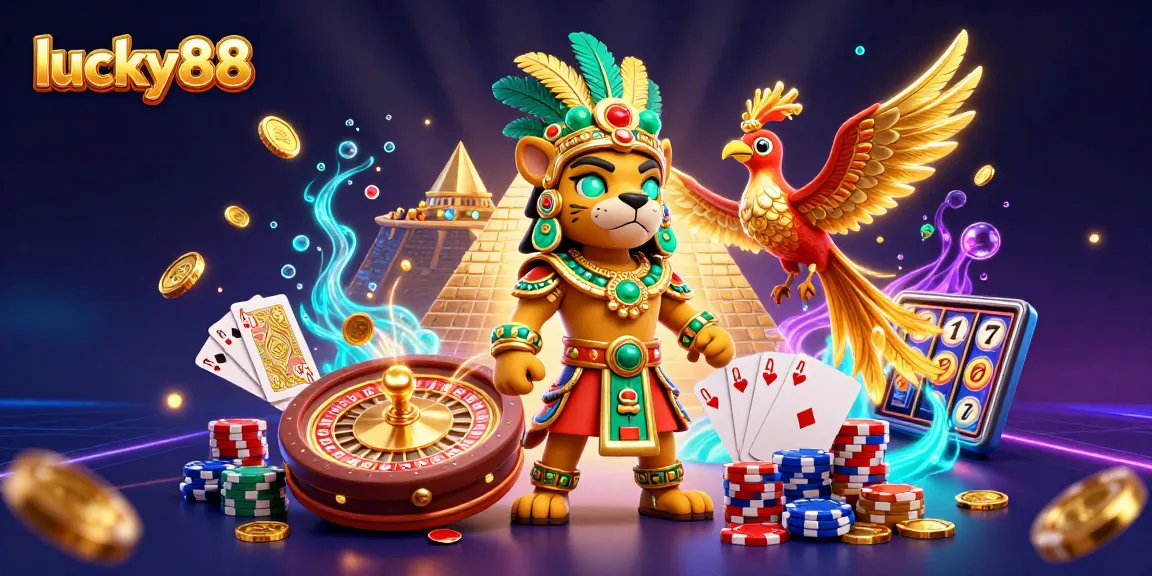 Engage with the exciting world of lucky88, featuring a vibrant casino scene with a Mayan jaguar priest and dazzling treasures.