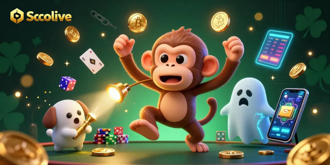 Socolive showcases a magical casino scene with a mischievous monkey and curious puppy tracking golden treasures in an engaging environment.