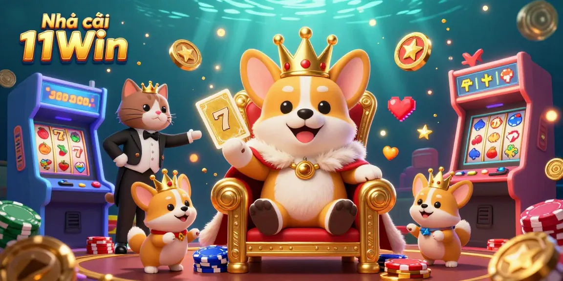 Engage with the thrilling world of Nhà cái 11Win, featuring a royal corgi on a poker chip throne amid vibrant slot elements.