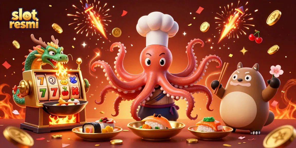 Experience slot resmi action with a vibrant scene of an octopus chef and a dragon in a casino.