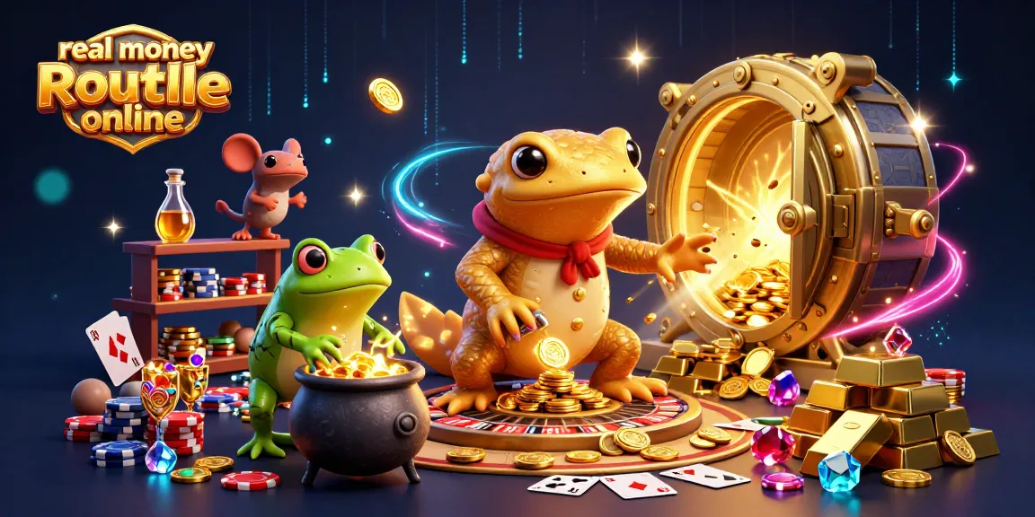 Experience real money roulette online with a colorful 3D casino scene featuring a golden salamander alchemist and vibrant game elements.